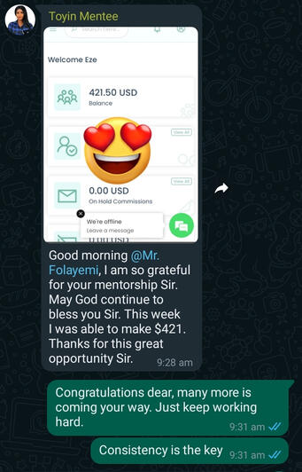 She made 210,500 NGN [$421] online through my free mentorship.